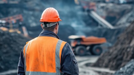 Mine supervisor observing extraction activities and heavy machinery operation