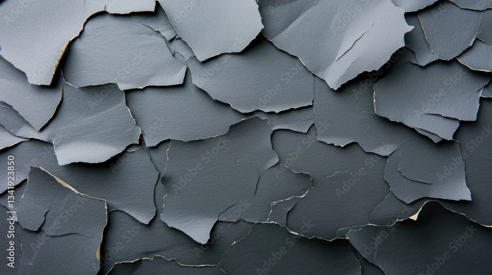 Poster torn edges of grey textured paper create intriguing visual pattern, evoking sense of depth and histo