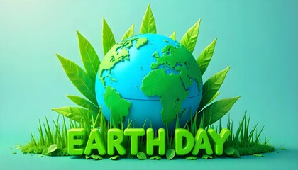 The 3d rendering a green earth with grass and flowers, the text is written is EARTH DAY. The background is plain.