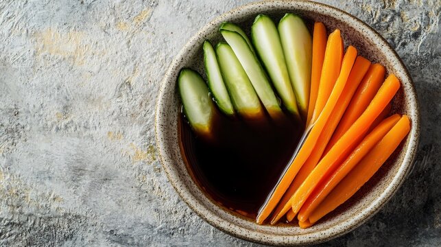 Top down view of Japanese tamari soy sauce served a dipping dish alongside sliced raw vegetables for a minimalist meal