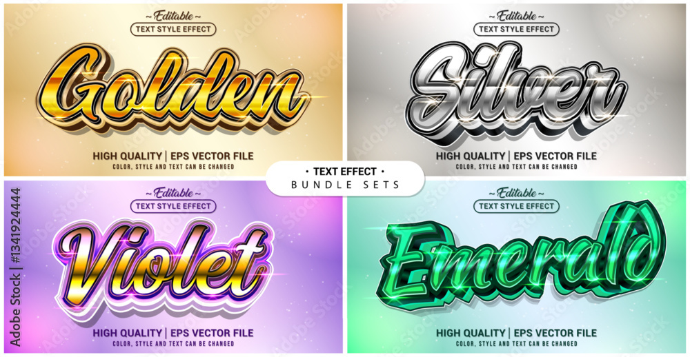 Leinwandbilder text style effect bundle set. golden, silver, violet, emerald theme set. vector editable file format
