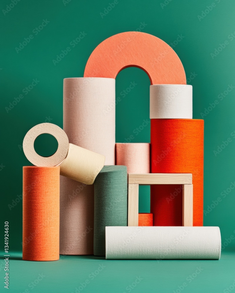 Aufkleber minimalist geometric design abstract color block composition in soft pastels and vibrant orange - co