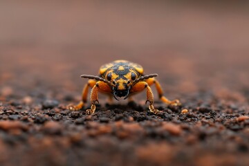 Macro shot of a yellow beetle crawling on the rocky ground. Stock photo
