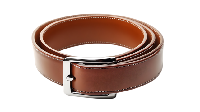 A stylish, coiled tan leather belt with white stitching and a shiny silver buckle is displayed.
