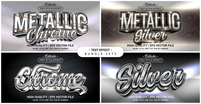 Text style effect bundle set. Metallic Chrome Silver theme set. Vector editable file format