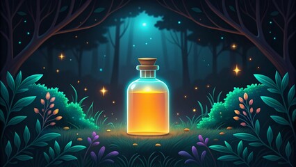 A glowing potion bottle sits amidst vibrant greenery in a dark, enchanting forest at night.