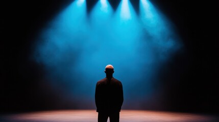 Fototapeta premium Immersive Performance Storytelling Gen Z Creative Entrepreneurship in Dramatic Blue Spotlight - Authentic Artistic Expression and Personal Branding