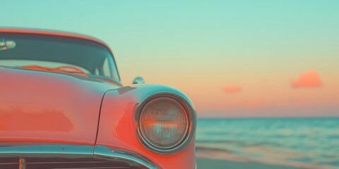 Nostalgic Retro Automotive Dreamscape Vintage Coral Classic Car Against Pastel Sunset Beach - Timeless Design Meets Modern Aesthetic Inspiration