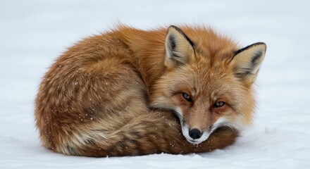 Obraz premium Red fox curled up in snow, blending into winter landscape, serene scene