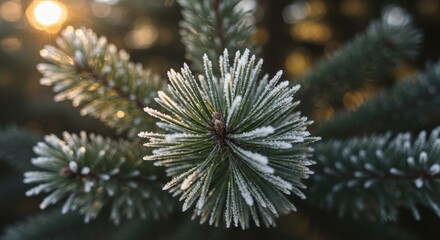 Close-up of Frosted Pine Branch Glimmering in Morning Sunlight