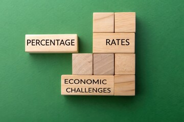 A collection of wooden blocks displaying the words "Percentage," "Rates," and "Economic Challenges" against a green background.