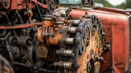 Close-up view of an old, rusted tractor engine showcasing intricate mechanical details and weathered textures
