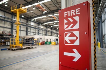 A safety sign indicating fire escape routes in a spacious industrial warehouse with equipment and shelving in the background.