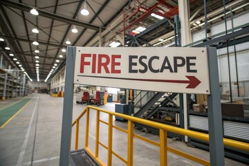 A wide interior view of a warehouse featuring a prominent "FIRE ESCAPE" sign directing towards an exit.