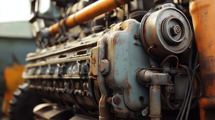Close-up of a weathered industrial engine showcasing intricate details and rust, set against a blurred construction site