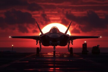 Fototapeta premium Jet on aircraft carrier at sunset, ready for flight. Military concept