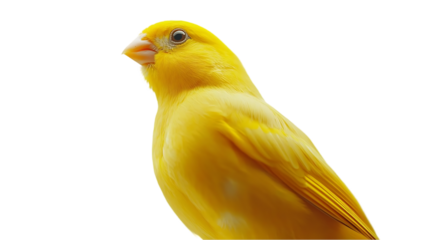 A vibrant yellow canary is shown in profile, exhibiting detailed plumage and a curious expression.