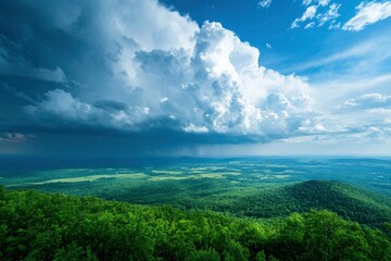 Thunderstorm cloudscape over a forest valley in daylight for travel promotion