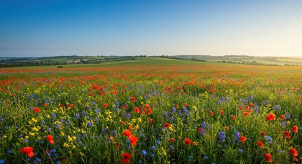 Obraz premium Vibrant Wildflower Field at Sunrise with Rolling Hills in Background