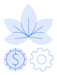 Stylized leaf, dollar coin, and gear symbolizing eco-awareness, financial growth, and technological progress. Ideal for sustainability, innovation, nature, economy industry green energy flat