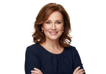 Portrait of 50 years old smiling woman looking at camera with crossed arms isolated on White background