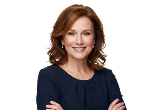 Portrait of 50 years old smiling woman looking at camera with crossed arms isolated on White background