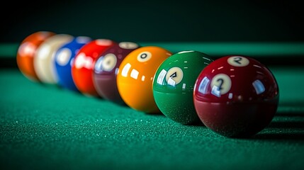 Billiards balls lined up on green table, dark background