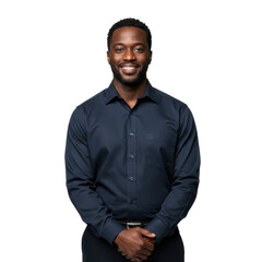 Black engineer smiling at camera isolated on White background