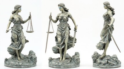 A statue of Lady Justice holding scales and a sword isolated on white