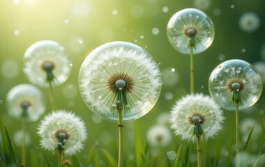 Obraz premium Dandelion Seed Heads with Dewdrops in a Sunny Green Meadow