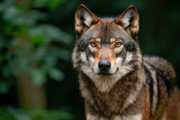 Fototapeta premium Portrait of a red wolf staring, in the forest, for conservation and awareness