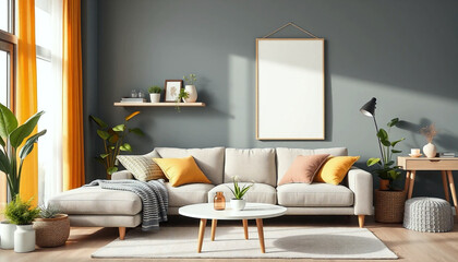 Modern Colorful Living Room with Bouclé Sofa and Stylish Decor. Generative Ai