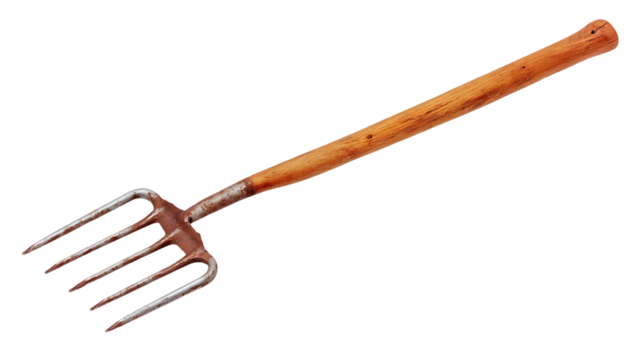 The image shows a rusty, old pitchfork with a wooden handle isolated against a black background.