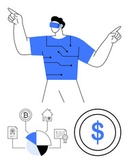 Person wearing VR headset with circuit patterns, surrounded by financial elements including pie chart, Bitcoin, documents, real estate, and dollar symbol. Ideal for finance, technology, blockchain