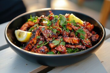 Fototapeta premium Grilled chicken teriyaki bowl with lemon and herbs served outside. Good for menu