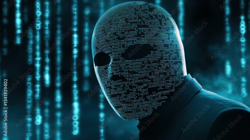 Poster digital code hacker mask silhouette virtual environment abstract art concept futuristic setting myst