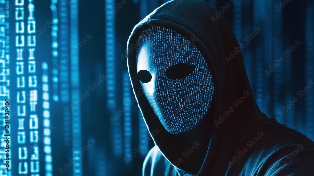 Poster hacker mask silhouette with digital code in a cyber environment mysterious atmosphere dark viewpoint