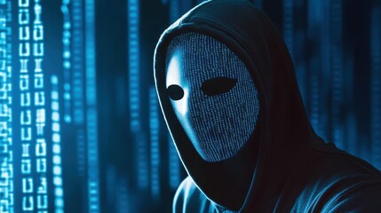 Hacker mask silhouette with digital code in a cyber environment mysterious atmosphere dark viewpoint