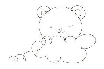 Line Art Bear Character Face and Cloud Doodle Symbol. Cute Baby Bear Hand Drawn Portrait. Lovely Mammal Adorable Sleeping  Wild Animal Mascot. Outline Sketch One Continuous Line Art Decoration 