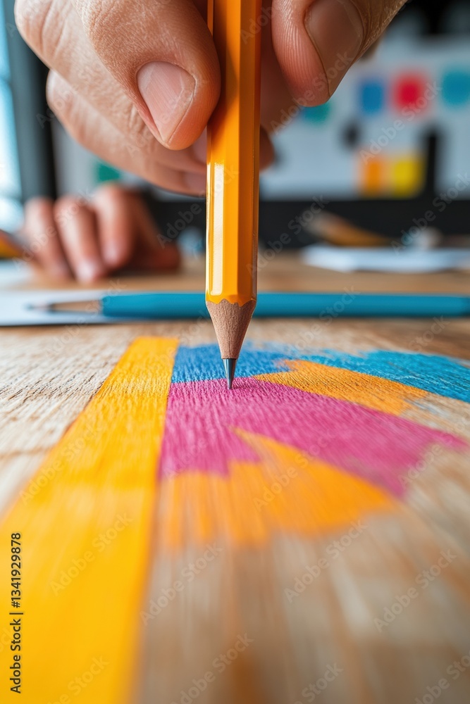 Poster vibrant creative workflow macro pencil precision on multicolor design canvas - innovative ideation a