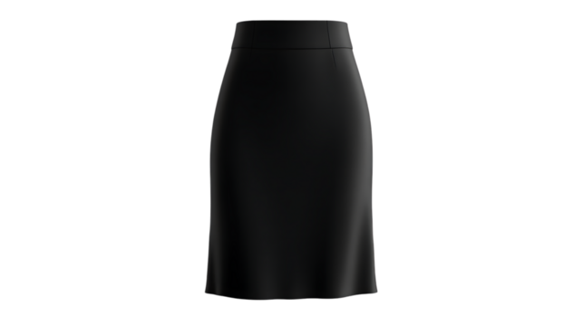 An isolated black pencil skirt, digitally rendered, is showcased against a black background in a studio-style presentation.