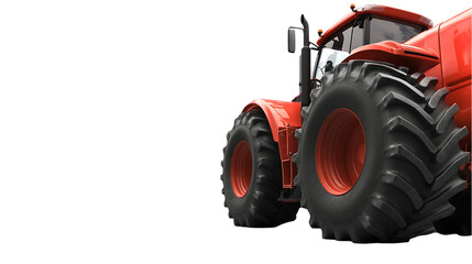 Obraz premium This image showcases a modern red tractor from a low angle, emphasizing its large tires against a stark black background.