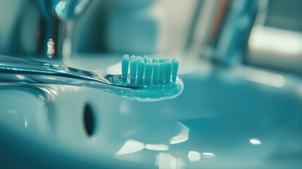 Close-up of a toothbrush with toothpaste resting on a bathroom sink, reflecting a serene morning routine