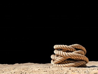 Fototapeta premium Coiled Nautical Rope on Sand Isolated Against Black Background, Outdoor Texture