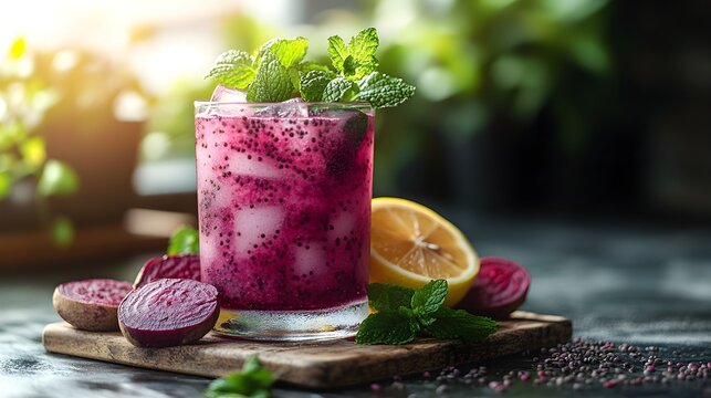 Close-up of Adaptogenic Elixir with Spirulina, Beetroot, and Lemon on Wooden Countertop