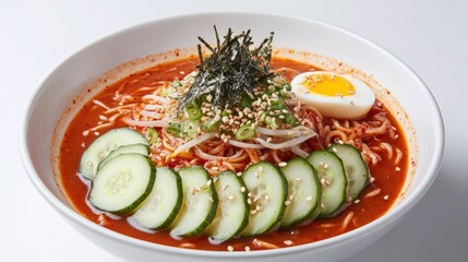 Koreanstyle noodles in white bowl with toppings on top