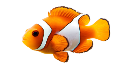 The image features a bright orange clownfish with distinct white stripes, captured against a black background.