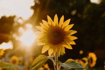 Naklejka premium Sunflower in field with sunset. Background sunflowers blurred. Stock photo