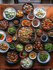 Sichuan food spread from top view landscape photo
