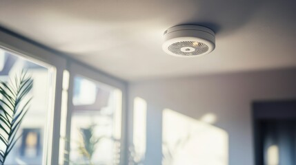 Modern smoke detector mounted on a ceiling in a bright room with natural light, showcasing a serene home environment
